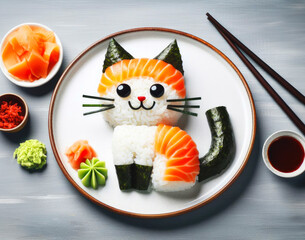 Creative food photography. An unusual presentation of sushi in the shape of a cute cat on a beautiful plate.