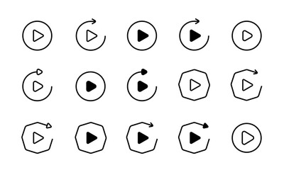 プレイボタンのアイコンセット/リプレイ/再生ボタン/再生/動画再生/音楽再生/ビデオ動画/ミュージックビデオ/イラスト/ベクター