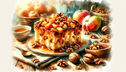 Watercolor Painting of Apple-Walnut Bread Pudding, in Thanksgiving Theme