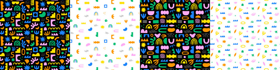 Abstract organic shape seamless pattern set with colorful geometric doodles. Flat cartoon background collection, simple random shapes in bright childish colors. 