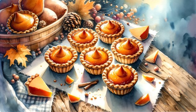 Watercolor Painting of Mini Sweet Potato Pies, in Thanksgiving Theme