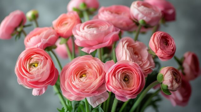   A vase with pink flowers rests on a table, near a gray wall