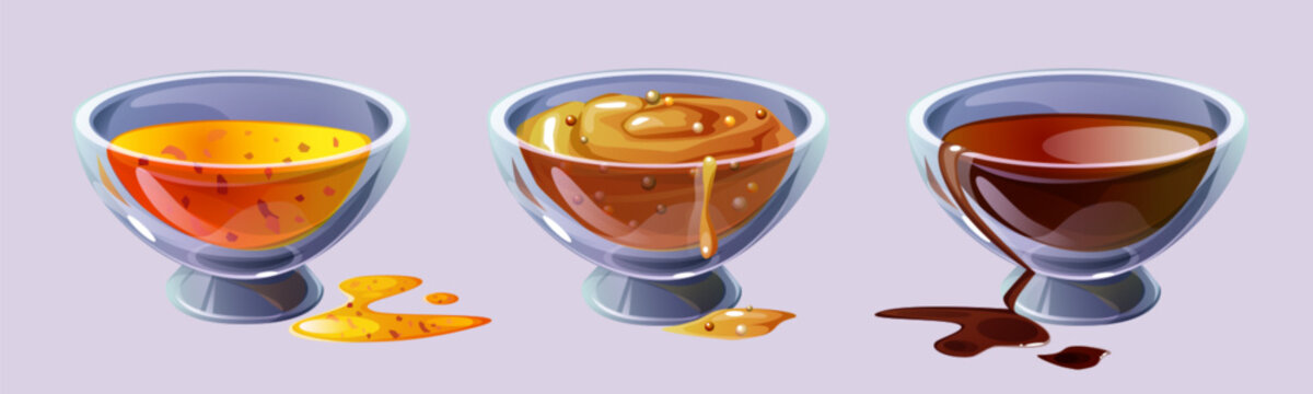 Dip sauce in glass bowl for food seasoning with drops and splatters. Cartoon vector illustration set spicy condiment with spilled droplets - container with dijon mustard, honey, soy or chocolate gravy