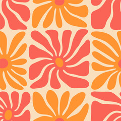 Plakaty  Colorful floral seamless pattern illustration. Vintage style hippie flower background design. Geometric checkered wallpaper print, spring season nature backdrop texture with daisy flowers.