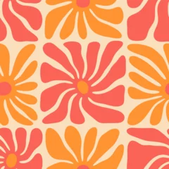Gardinen Colorful floral seamless pattern illustration. Vintage style hippie flower background design. Geometric checkered wallpaper print, spring season nature backdrop texture with daisy flowers. © Dedraw Studio