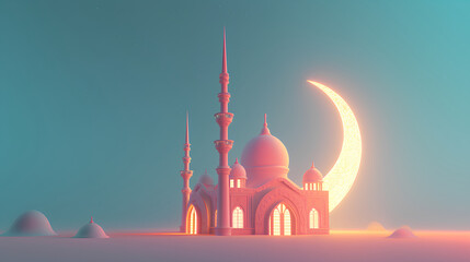 islamic ramadan background, eid al fitri, iftar, eid al adha, beautiful mosque and lantern background. camel in the middle of the desert with mosque