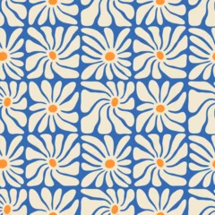 Gordijnen Colorful floral seamless pattern illustration. Vintage style hippie flower background design. Geometric checkered wallpaper print, spring season nature backdrop texture with daisy flowers. © Dedraw Studio