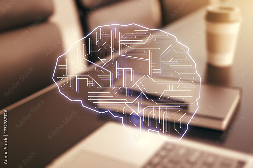 Aufkleber Creative artificial Intelligence concept with human brain sketch on modern computer background. Double exposure
