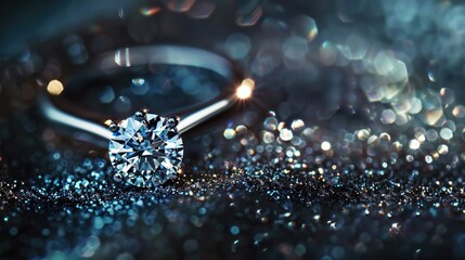 Elegant Diamond Engagement Ring on Dark Reflective Surface - obrazy, fototapety, plakaty