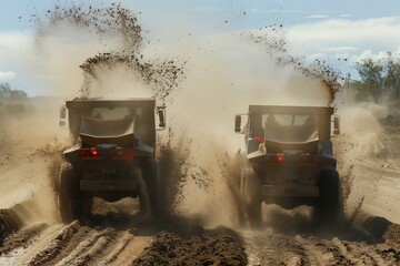 sidebyside trucks kicking up a storm of mud