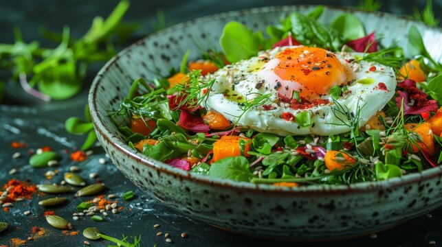   A detailed image of a dish with an egg nestled amidst a bed of fresh vegetables