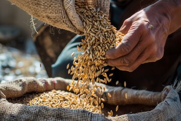 closeup of a persons hands pouring wheat grains from a sack