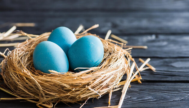three blue eggs sit in a nest on a black wooden surface, with a dark background, in the center of the image is a straw nest with three blue eggs.