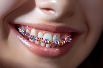Envision a mesmerizing close-up of a teenage girl's smile, adorned with bright and colorful braces that sparkle against her impeccably white teeth.