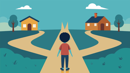 A drawing of a child standing at a fork in the road one path leading to their mothers house and the other to their fathers highlighting the