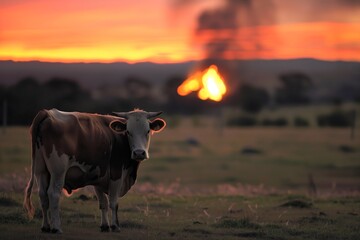 cow in paddock, orange glow from fire in the background - obrazy, fototapety, plakaty