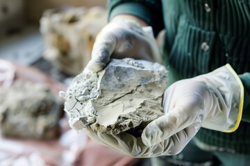 person wearing gloves holding a sample of asbestos for lab