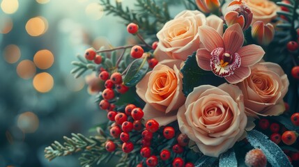   A sharp focus on a cluster of red berries and surrounding foliage against a hazy background