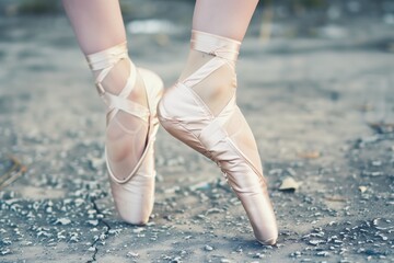 dancers feet in pointe shoes on rough concrete