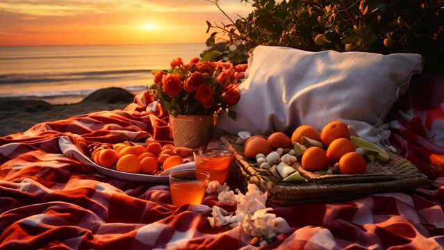 A blanket with food, drinks, and flowers on the beach in the evening, romantic atmosphere