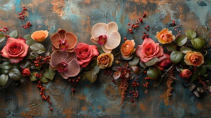   A cluster of blossoms atop a blue-brown masonry wall beside a planter laden with juicy berries - obrazy, fototapety, plakaty