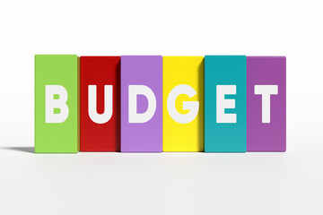 The word budget on colorful wooden blocks on white background.
