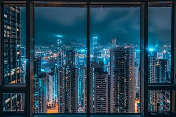 Fototapeta na wymiar A captivating window view of a bustling metropolis skyline, with towering skyscrapers, neon lights, and the bustling activity of city life unfolding far below, Generative AI