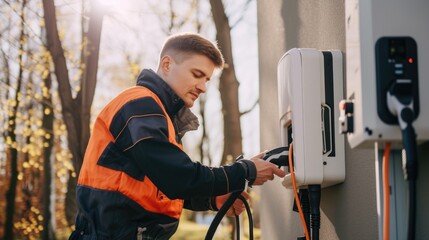 A technician in high-visibility clothing installs an electric vehicle charger, contributing to the infrastructure of sustainable transportation. AIG41 - obrazy, fototapety, plakaty