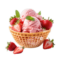 Strawberry ice cream in waffle basket