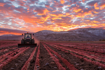 Heavy machinery tilling under a cotton candy sky set against the backdrop of a rugged mountain range where agriculture meets the wild - obrazy, fototapety, plakaty