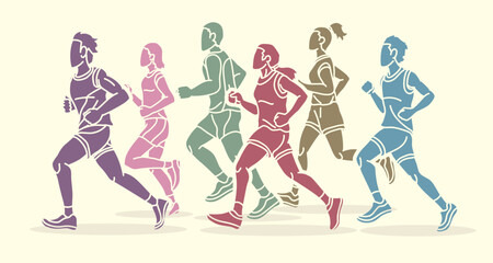 Group of People Running Together Man and Woman Runner Marathon Cartoon Sport Graphic Vector