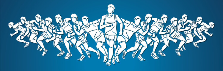 Group of People Running Together Men Runner Marathon Mix Action Cartoon Sport Graphic Vector