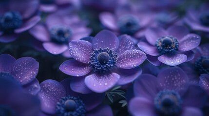   A macro shot of several purple blooms with water droplets on their petals