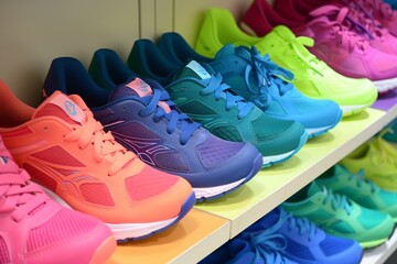 kids running shoes organized in a color gradient on a shelf
