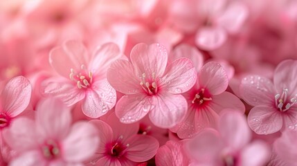   A macro shot of multiple pink blossoms with water droplets adorning their petals