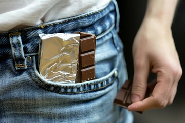 person pulling a wrapped chocolate bar halfway out of a jean pocket