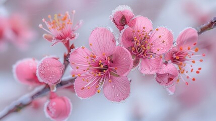   A detailed image of a pink flower on a branch with dewdrops and a fuzzy backdrop