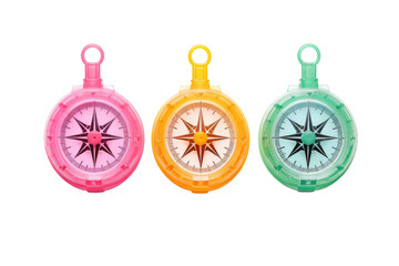 Trio of Vibrant Compasses on White Canvas. On a Clear PNG or White Background.