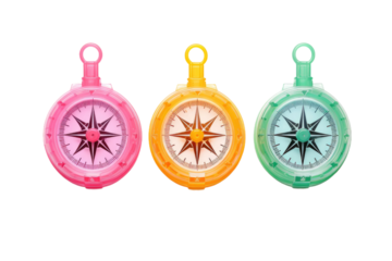 Trio of Vibrant Compasses on White Canvas. On a Clear PNG or White Background.