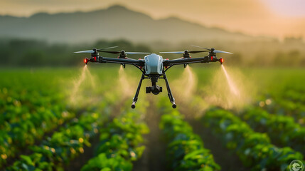 Agricultural drone spraying crops in the field at sunrise. Innovative farming technology and precision agriculture concept. Design for posters, advertisements, and agricultural services, generative ai