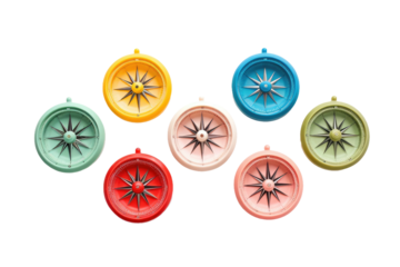 A Spectrum of Direction: Six Vibrant Compasses on White. On a Clear PNG or White Background.