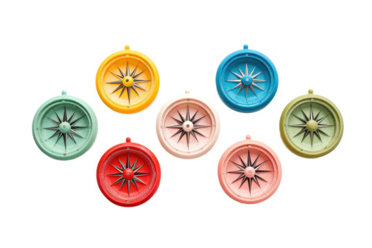 A Spectrum of Direction: Six Vibrant Compasses on White. On a Clear PNG or White Background.