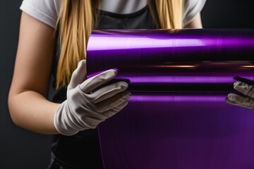 woman wearing gloves holding a metallic purple vinyl roll