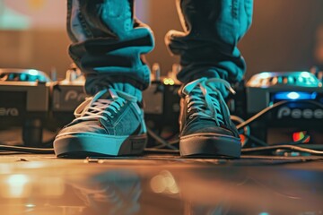 closeup on djs sneakers tapping to rhythm on stage