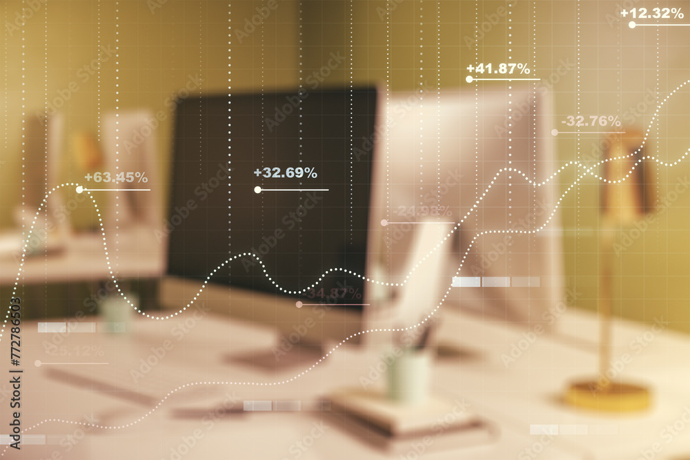 Poster double exposure of abstract creative statistics data hologram on computer background, analytics and 