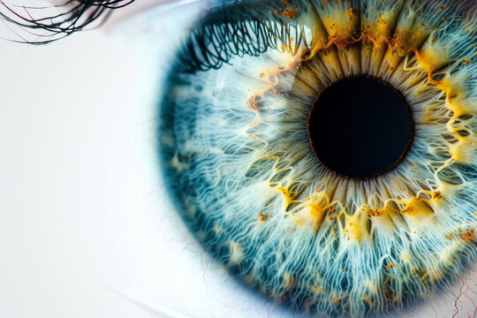 A detailed image of a human eye with a contact lens, set against a white backdrop