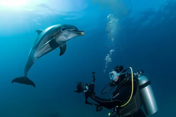 Foto op Canvas dolphin leaping near a diver underwater with camera equipment © studioworkstock