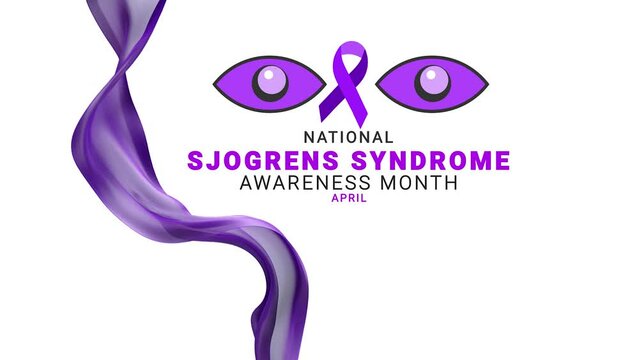 National Sjogrens syndrome awareness month. purple color ribbon wave motion. eye illustration.