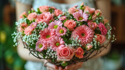  A close-up of a person holding a bouquet of pink and white flowers in the center