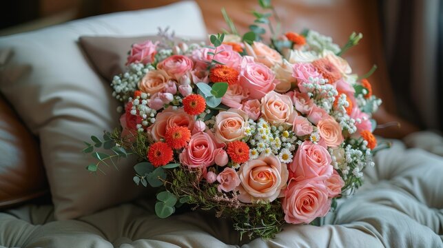   A white pillow atop a brown leather couch holds a bouquet of pink and orange flowers